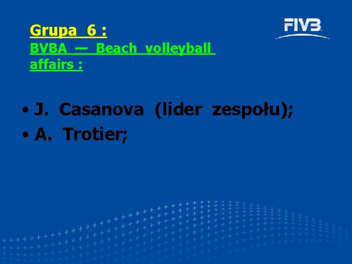 Grupa 6 : BVBA — Beach volleyball affairs : • J. Casanova (lider zespołu);