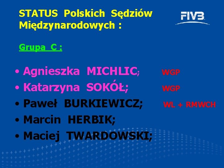 STATUS Polskich Sędziów Międzynarodowych : Grupa C : • Agnieszka MICHLIC; • Katarzyna SOKÓŁ;