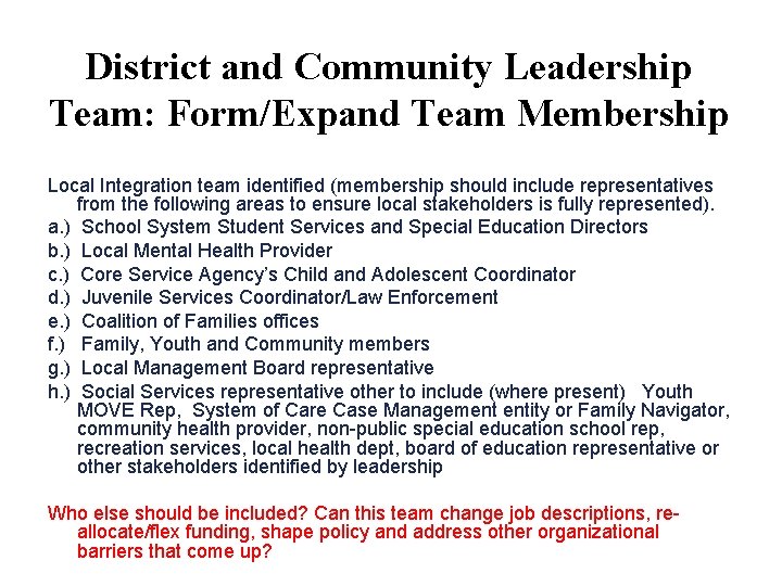District and Community Leadership Team: Form/Expand Team Membership Local Integration team identified (membership should