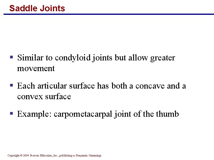 Saddle Joints § Similar to condyloid joints but allow greater movement § Each articular