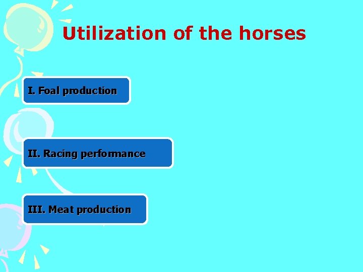 Utilization of the horses I. Foal production II. Racing performance III. Meat production 