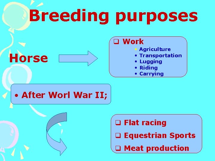 Breeding purposes q Work Horse • Agriculture • • Transportation Lugging Riding Carrying •