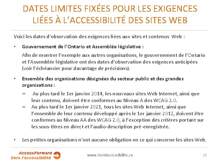 DATES LIMITES FIXÉES POUR LES EXIGENCES LIÉES À L’ACCESSIBILITÉ DES SITES WEB Voici les