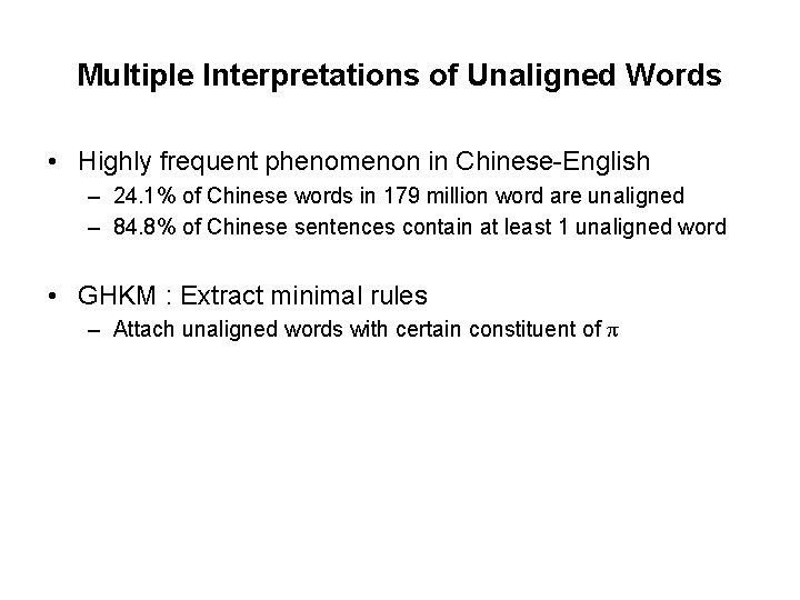 Multiple Interpretations of Unaligned Words • Highly frequent phenomenon in Chinese-English – 24. 1%