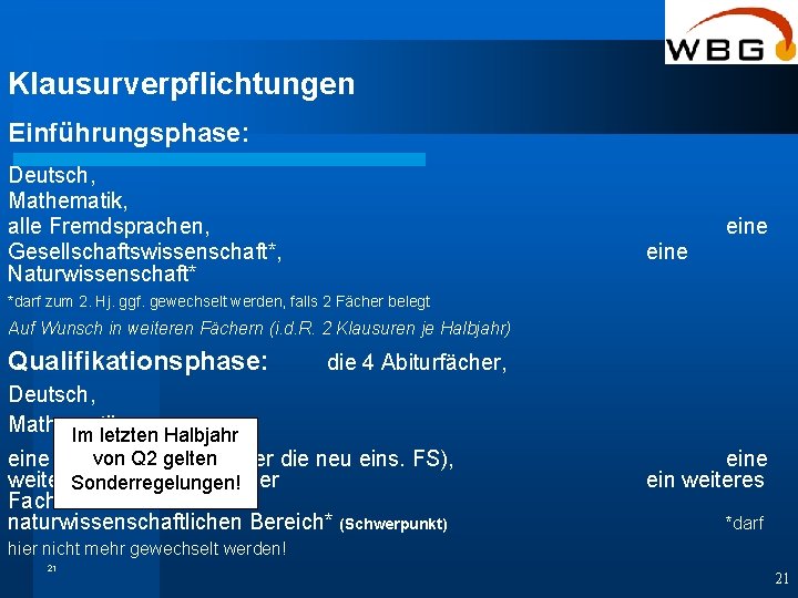 Klausurverpflichtungen Einführungsphase: Deutsch, Mathematik, alle Fremdsprachen, Gesellschaftswissenschaft*, Naturwissenschaft* eine *darf zum 2. Hj. ggf.