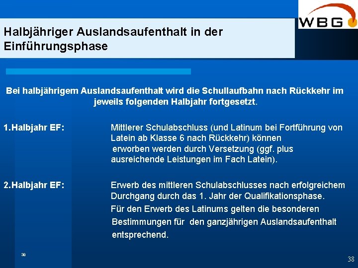 Halbjähriger Auslandsaufenthalt in der Einführungsphase Bei halbjährigem Auslandsaufenthalt wird die Schullaufbahn nach Rückkehr im