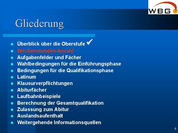 Gliederung l l l l ü Überblick über die Oberstufe Wochenstunden-Anzahl Aufgabenfelder und Fächer