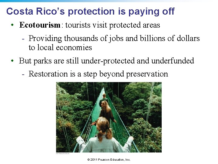 Costa Rico’s protection is paying off • Ecotourism: tourists visit protected areas - Providing