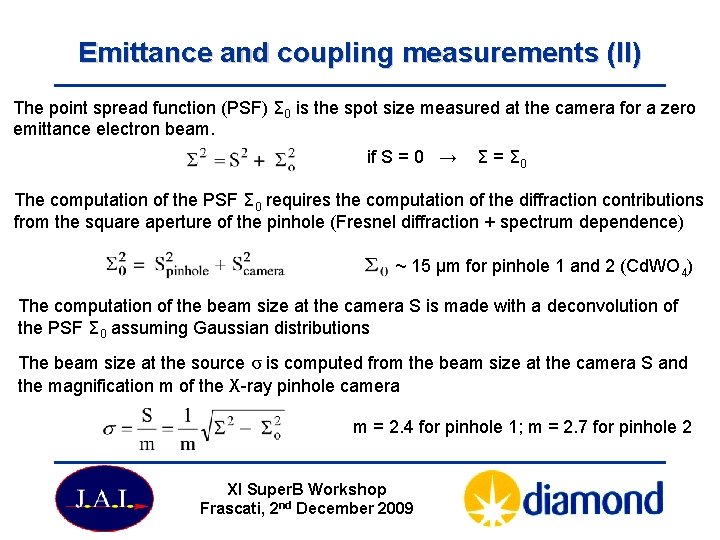 Emittance and coupling measurements (II) The point spread function (PSF) Σ 0 is the