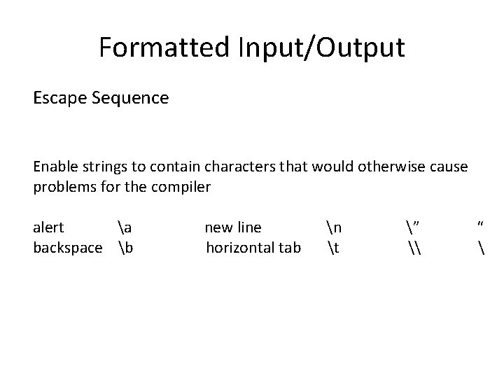Formatted Input/Output Escape Sequence Enable strings to contain characters that would otherwise cause problems