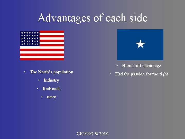 Advantages of each side • Home tuff advantage • The North’s population • Had