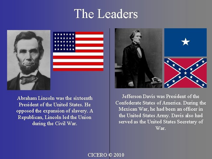 The Leaders Abraham Lincoln was the sixteenth President of the United States. He opposed