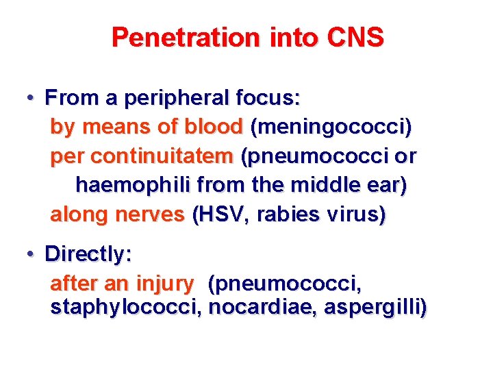 Penetration into CNS • From a peripheral focus: by means of blood (meningococci) per Penetration into CNS • From a peripheral focus: by means of blood (meningococci) per