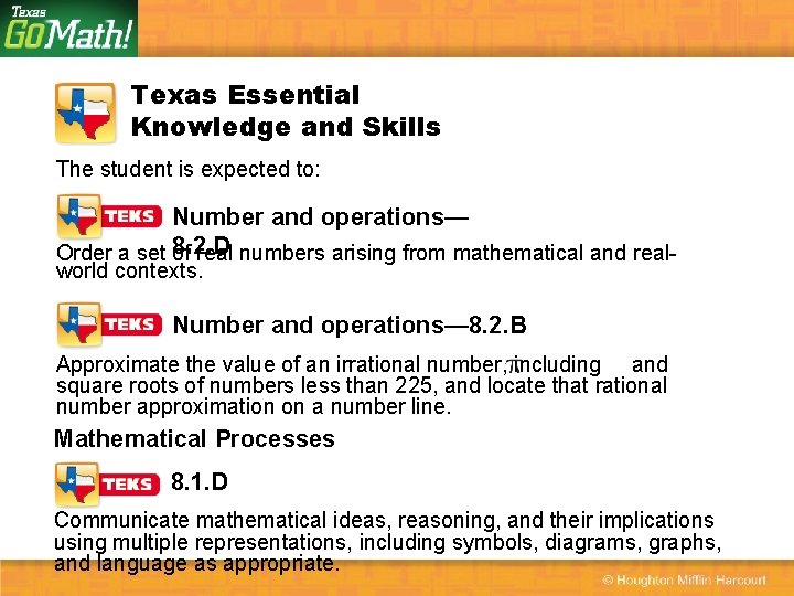 Texas Essential Knowledge and Skills The student is expected to: Number and operations— 8.