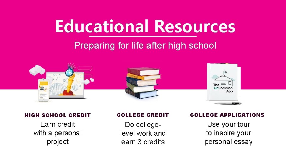 Educational Resources Preparing for life after high school HIGH SCHOOL CREDIT COLLEGE APPLICATIONS Earn