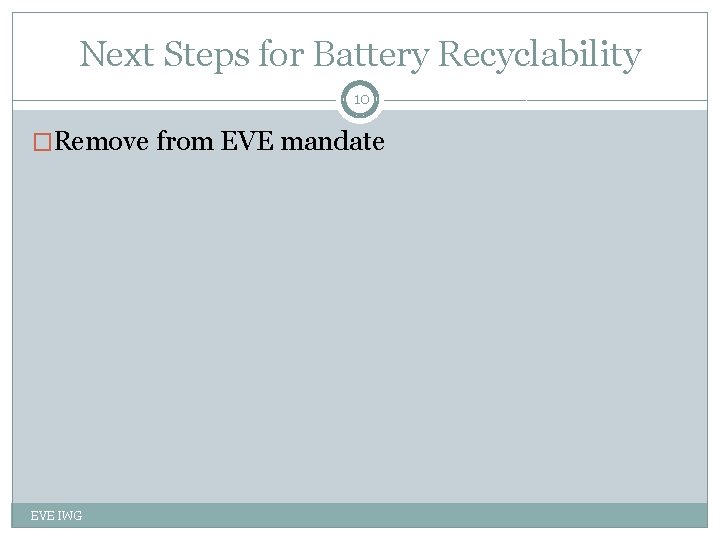 Next Steps for Battery Recyclability 10 �Remove from EVE mandate EVE IWG 