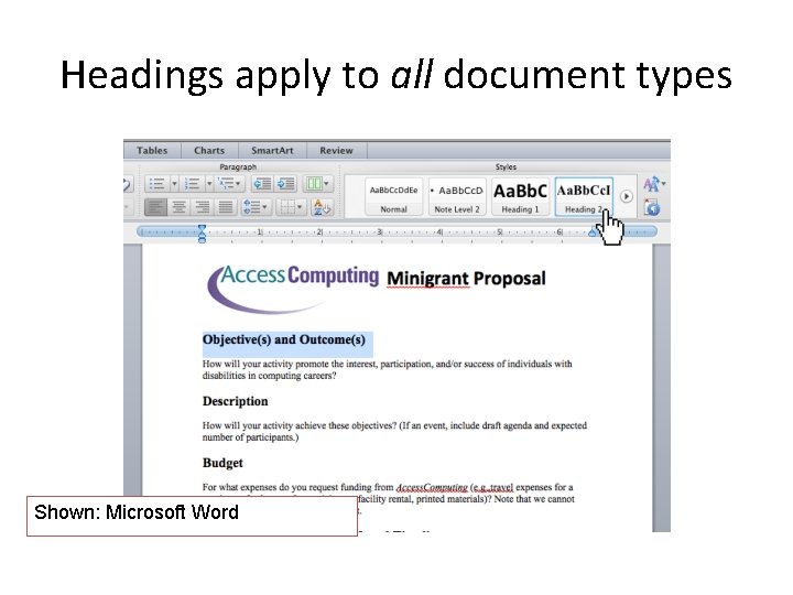 Headings apply to all document types Shown: Microsoft Word 