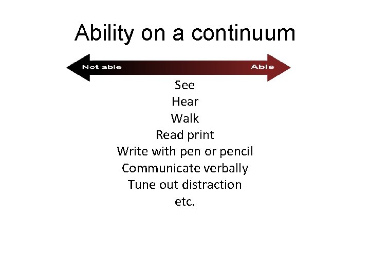 Ability on a continuum See Hear Walk Read print Write with pen or pencil