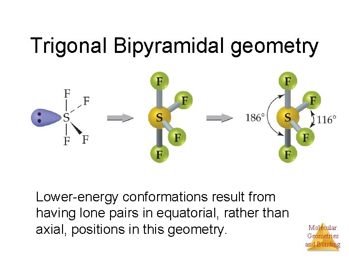 Trigonal Bipyramidal geometry Lower-energy conformations result from having lone pairs in equatorial, rather than