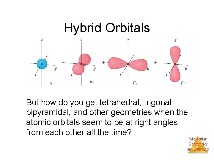 Hybrid Orbitals But how do you get tetrahedral, trigonal bipyramidal, and other geometries when