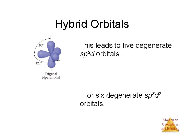 Hybrid Orbitals This leads to five degenerate sp 3 d orbitals… …or six degenerate