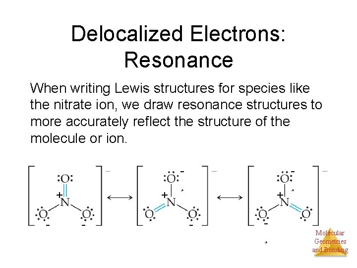 Delocalized Electrons: Resonance When writing Lewis structures for species like the nitrate ion, we