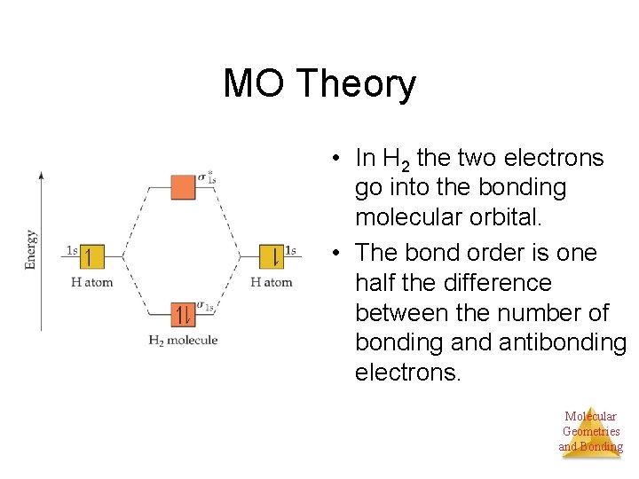 MO Theory • In H 2 the two electrons go into the bonding molecular