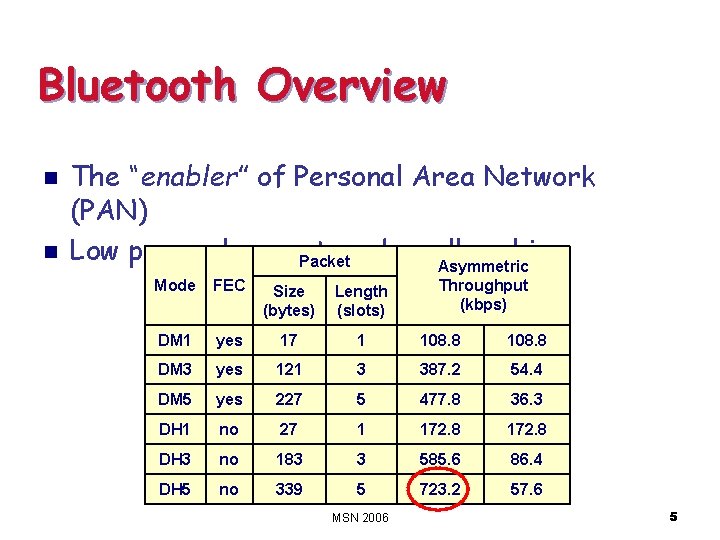 Bluetooth Overview n n The “enabler” of Personal Area Network (PAN) Low power, low