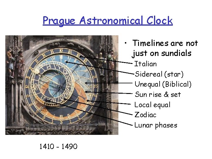 Prague Astronomical Clock • Timelines are not just on sundials Italian Sidereal (star) Unequal