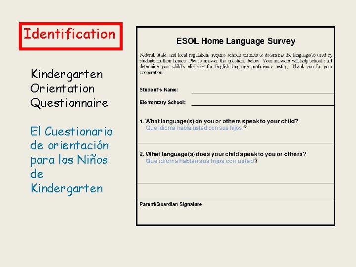 Identification Kindergarten Orientation Questionnaire El Cuestionario de orientación para los Niños de Kindergarten 