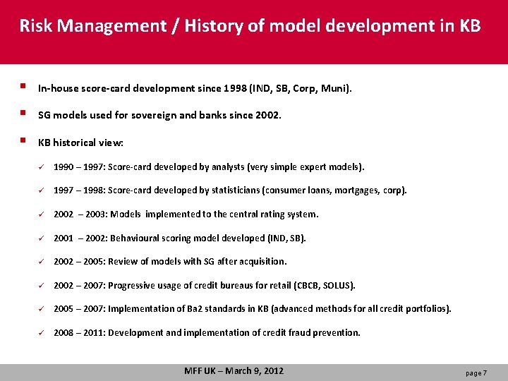 Risk Management / History of model development in KB § In-house score-card development since