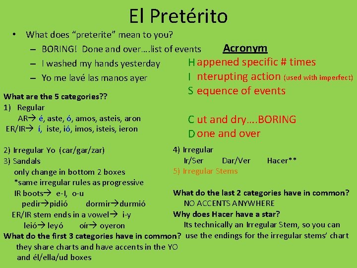 El Pretérito • What does “preterite” mean to you? Acronym – BORING! Done and