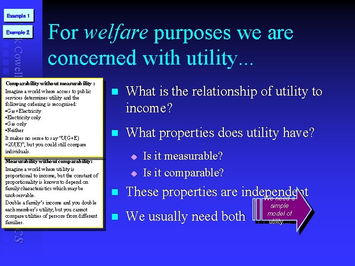 Example 1 Frank Cowell: Example 2 For welfare purposes we are concerned with utility.