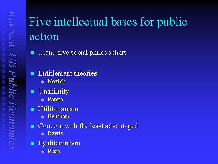 Frank Cowell: Five intellectual bases for public action UB Public Economics n …and five
