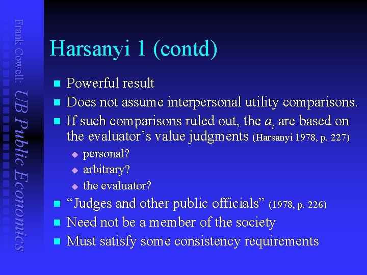 Frank Cowell: Harsanyi 1 (contd) UB Public Economics n n n Powerful result Does