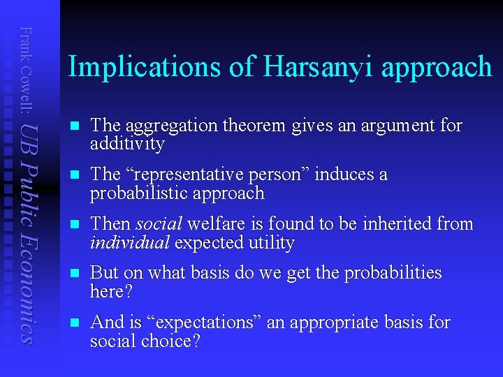 Frank Cowell: Implications of Harsanyi approach UB Public Economics n The aggregation theorem gives