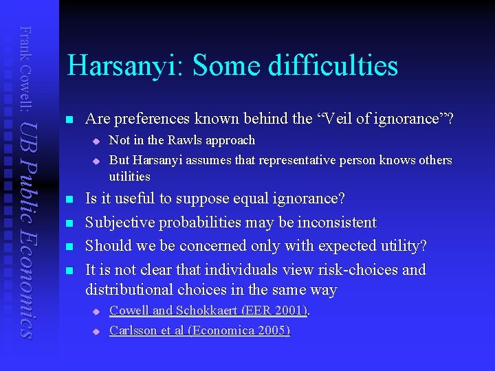 Frank Cowell: Harsanyi: Some difficulties UB Public Economics n Are preferences known behind the