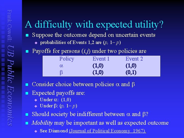 Frank Cowell: A difficulty with expected utility? n Suppose the outcomes depend on uncertain