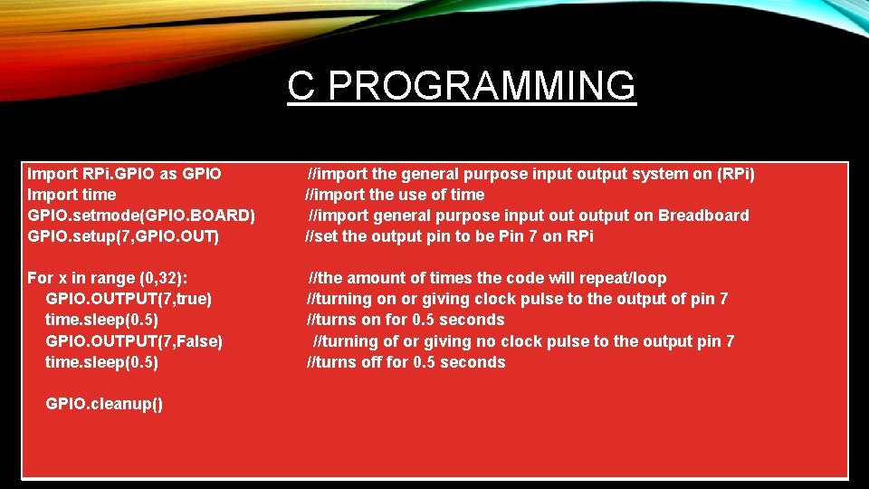 C PROGRAMMING Import RPi. GPIO as GPIO //import the general purpose input output system