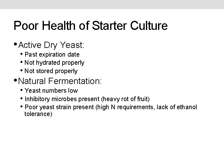 Poor Health of Starter Culture • Active Dry Yeast: • Past expiration date •