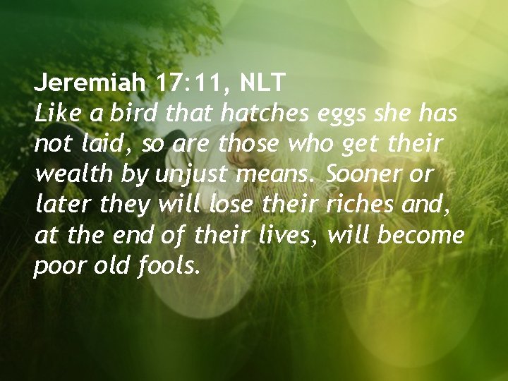 Jeremiah 17: 11, NLT Like a bird that hatches eggs she has not laid,