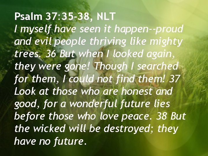 Psalm 37: 35 -38, NLT I myself have seen it happen--proud and evil people