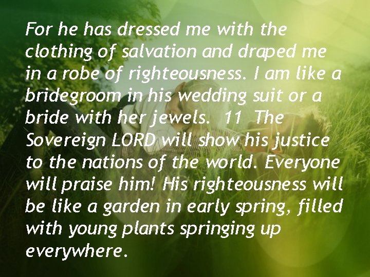 For he has dressed me with the clothing of salvation and draped me in