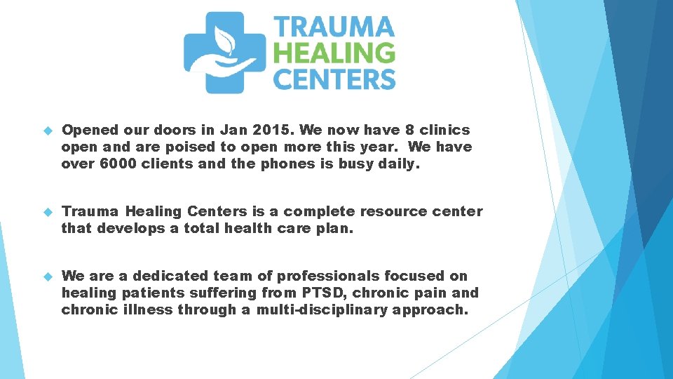  Opened our doors in Jan 2015. We now have 8 clinics open and