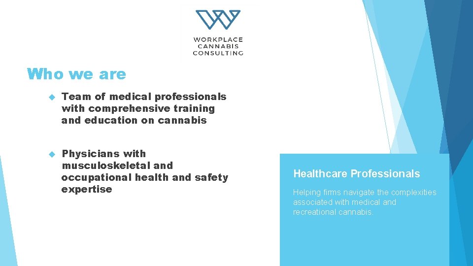 Who we are Team of medical professionals with comprehensive training and education on cannabis