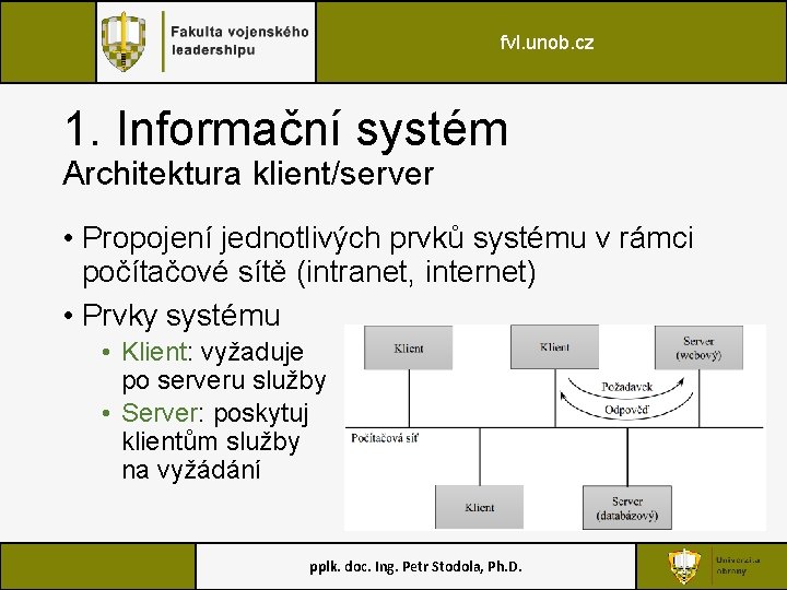 fvl. unob. cz 1. Informační systém Architektura klient/server • Propojení jednotlivých prvků systému v