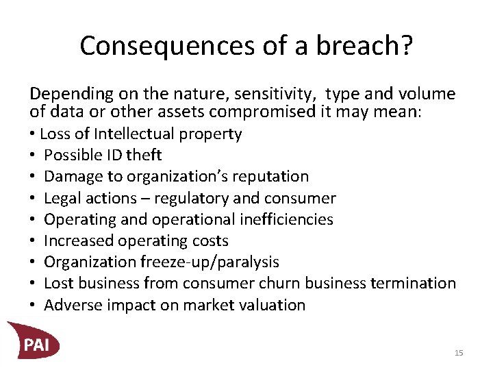 Consequences of a breach? Depending on the nature, sensitivity, type and volume of data