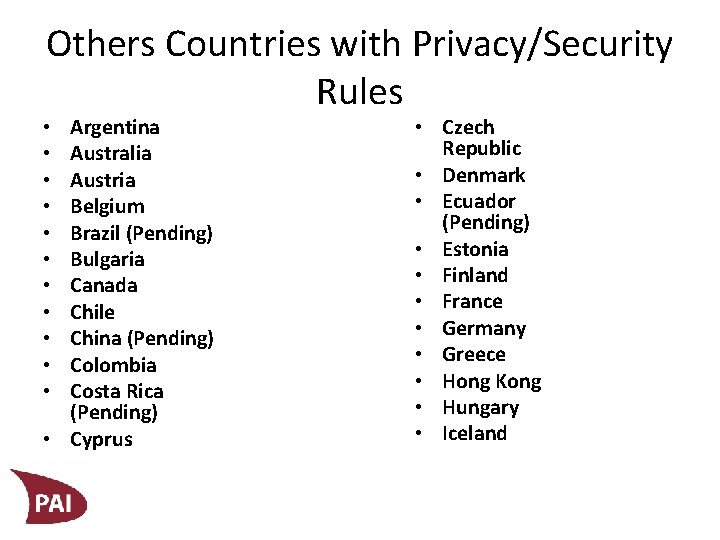 Others Countries with Privacy/Security Rules Argentina Australia Austria Belgium Brazil (Pending) Bulgaria Canada Chile
