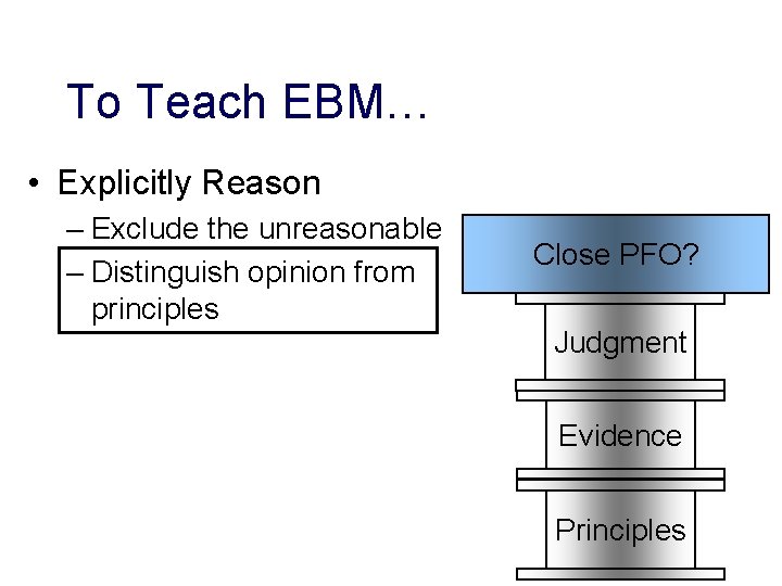 To Teach EBM… • Explicitly Reason – Exclude the unreasonable – Distinguish opinion from