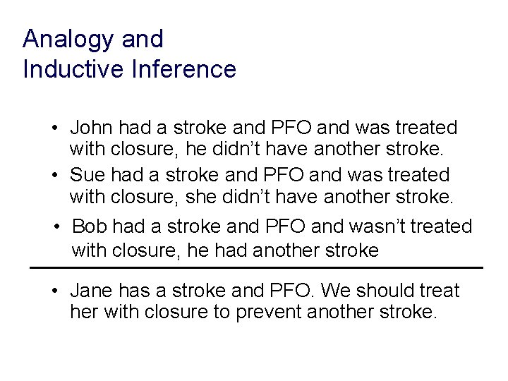 Analogy and Inductive Inference • John had a stroke and PFO and was treated